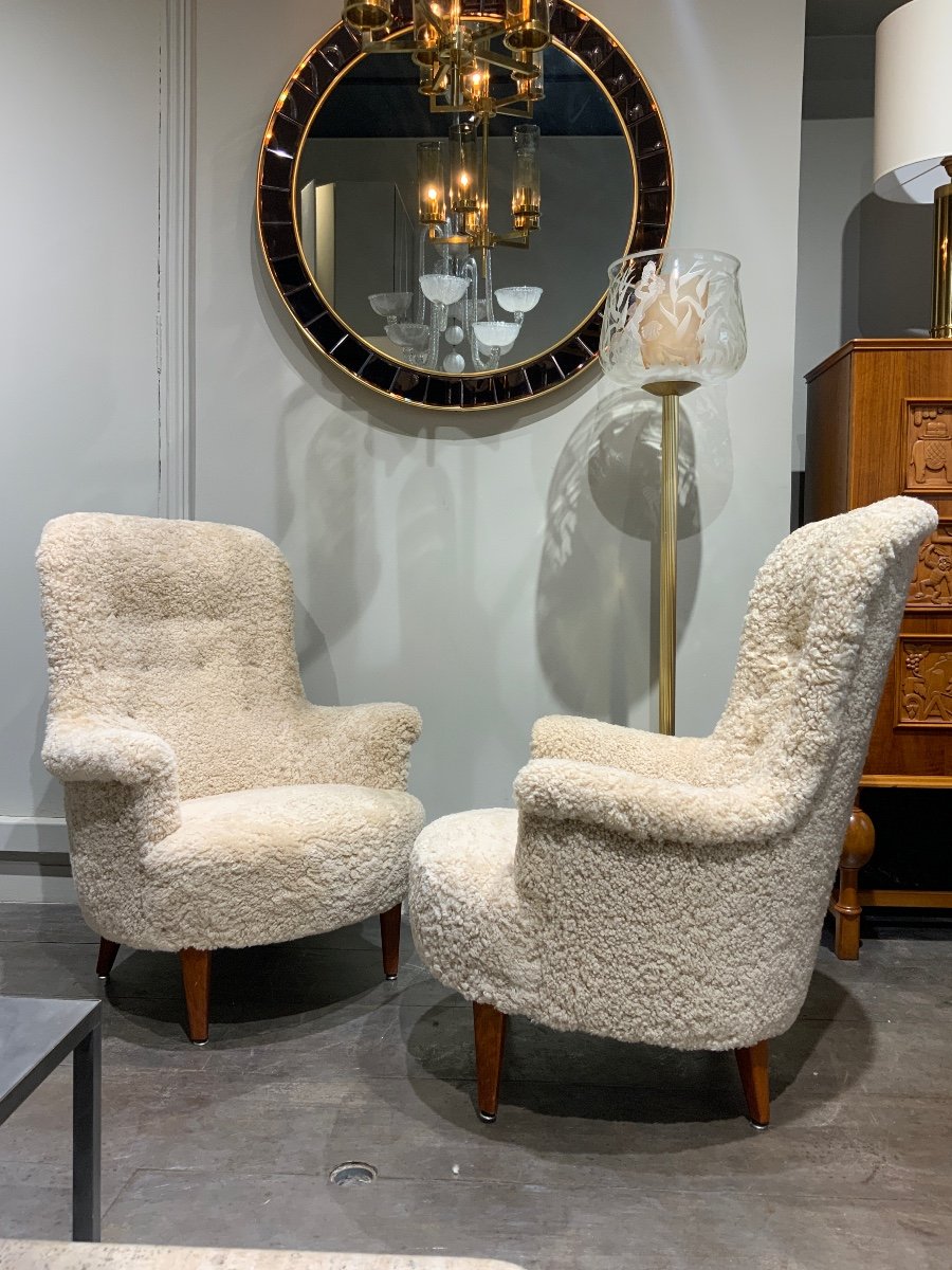 Pair Of Carl Malmsten Sheepskin Armchairs 