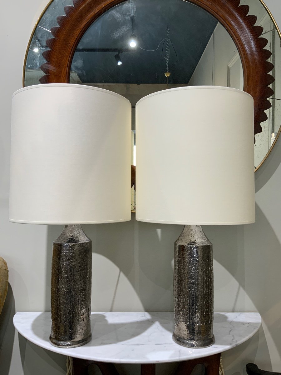 Pair Of Bergboms Silver Enameled Ceramic Lamps 