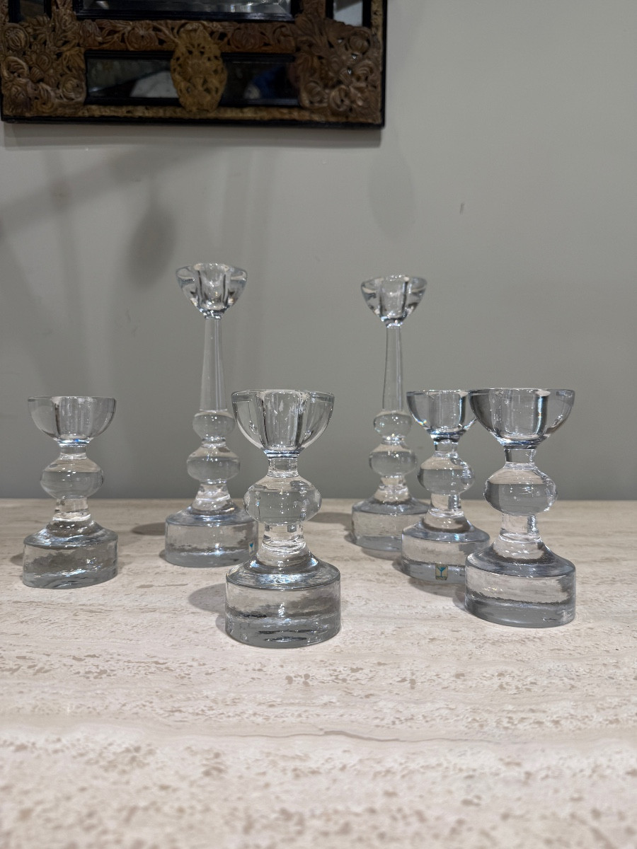 6 Bougeoirs En Verre Par Maleras Suède Circa 1960