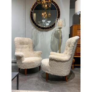 Pair Of Carl Malmsten Sheepskin Armchairs 