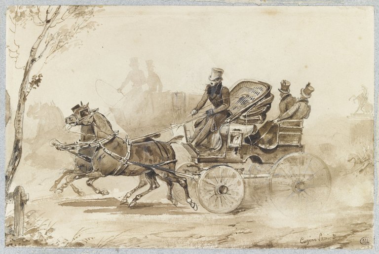 Eugène Lami, Study Of A Carriage Drawn By Two Horses-photo-4