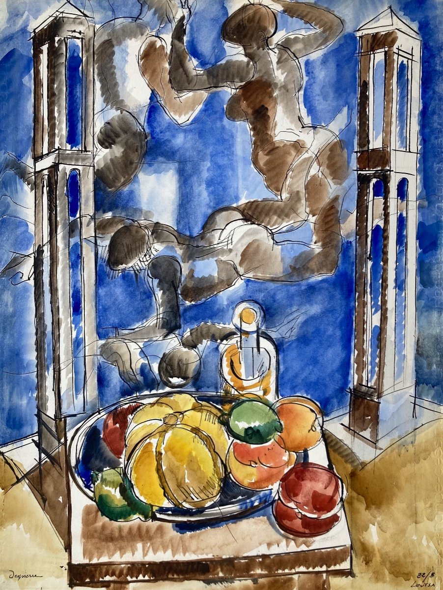 Despierre, Fruits et baigneurs, Loutsa, aquarelle