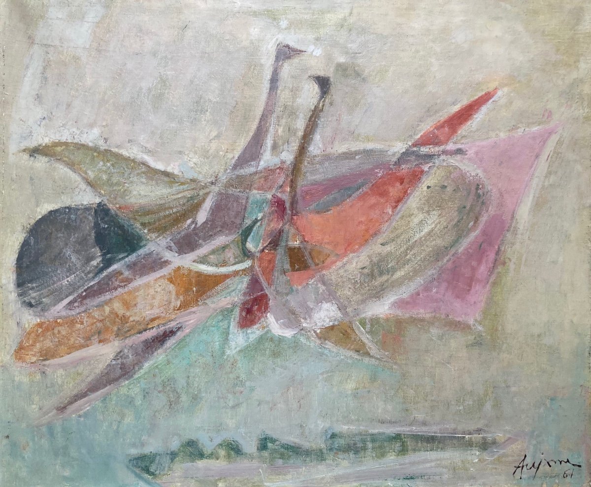 Jean Aujame, Les Oiseaux, 1961, Huile Sur Toile-photo-2