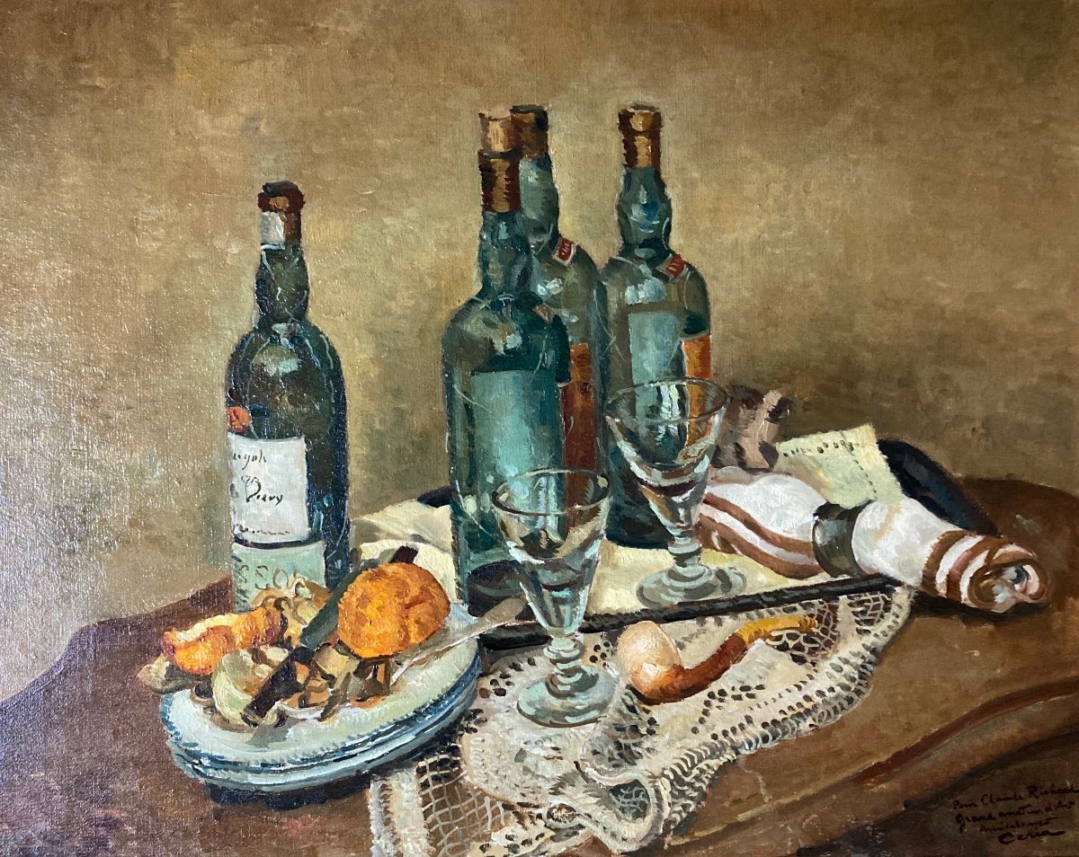 Edmond Ceria, Still Life With Bottles, Oil On Canvas-photo-2