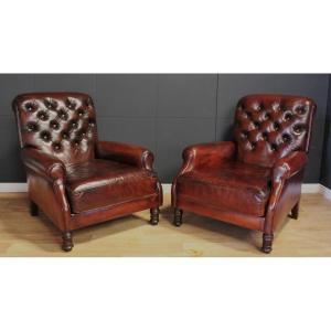 Restored Leather Clubchairs From Château De Beauchêne In Saint-saturnin-du-limet, Mayenne