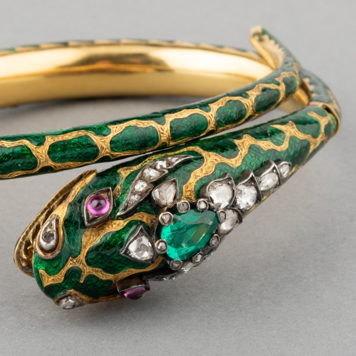 Old 19th Century Snake Bracelet In Gold Diamonds And Email-photo-1