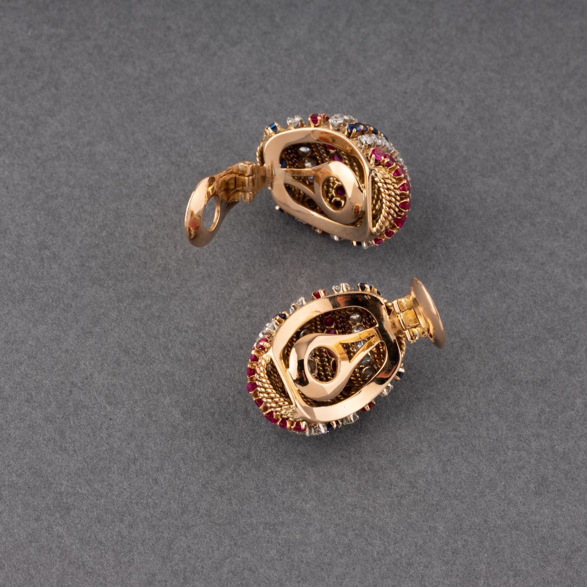 Vourakis Vintage Ring And Ear Clips In Gold Diamonds Rubies And Sapphires-photo-2