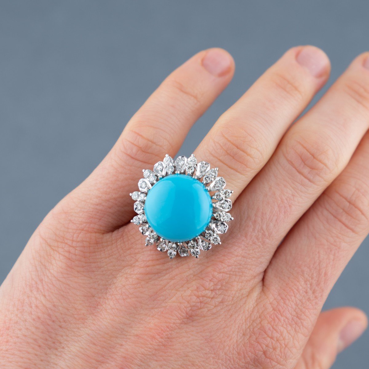 Bague Vintage En Or Turquoise Et 2 Carats De Diamants-photo-4