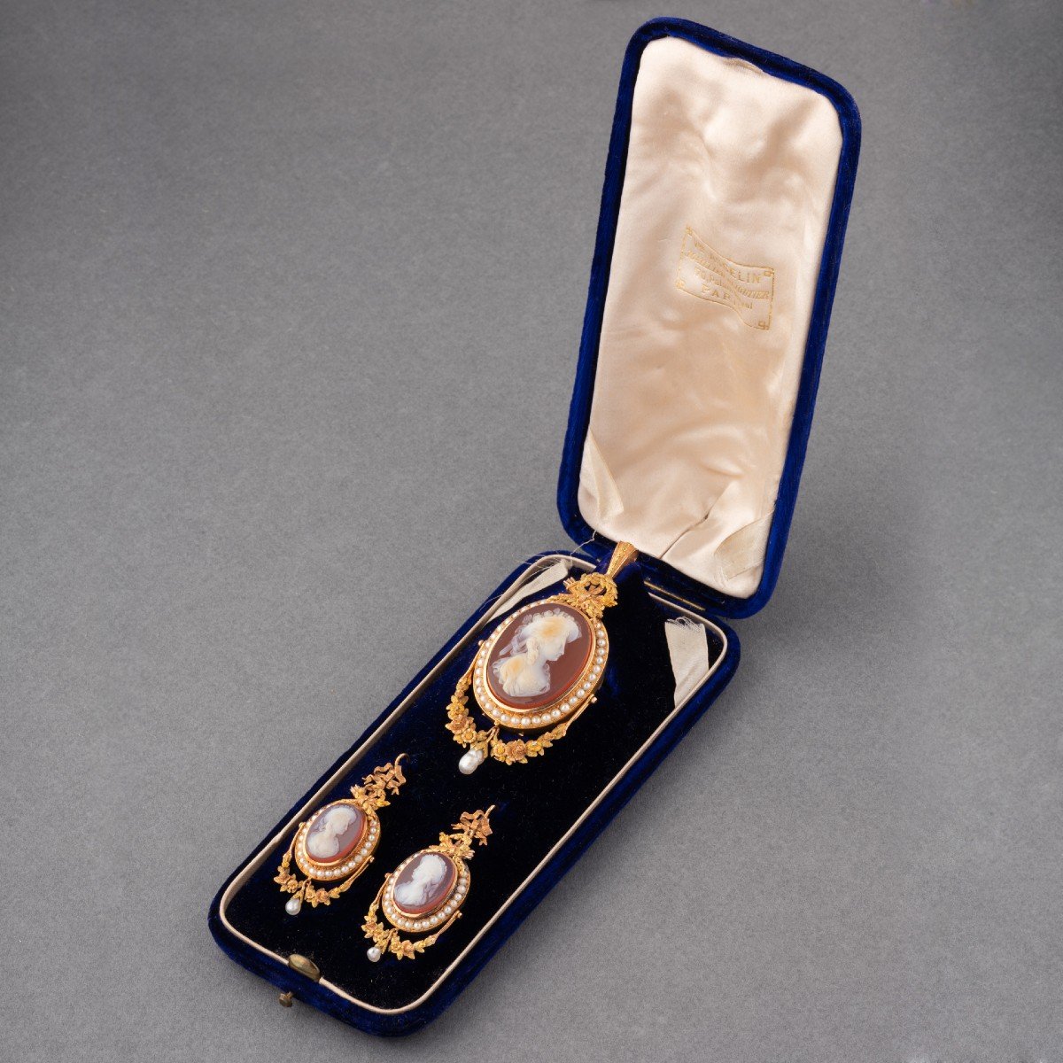 Parure Napoléon III 19ième En Or Perles Et Camées Agate-photo-3
