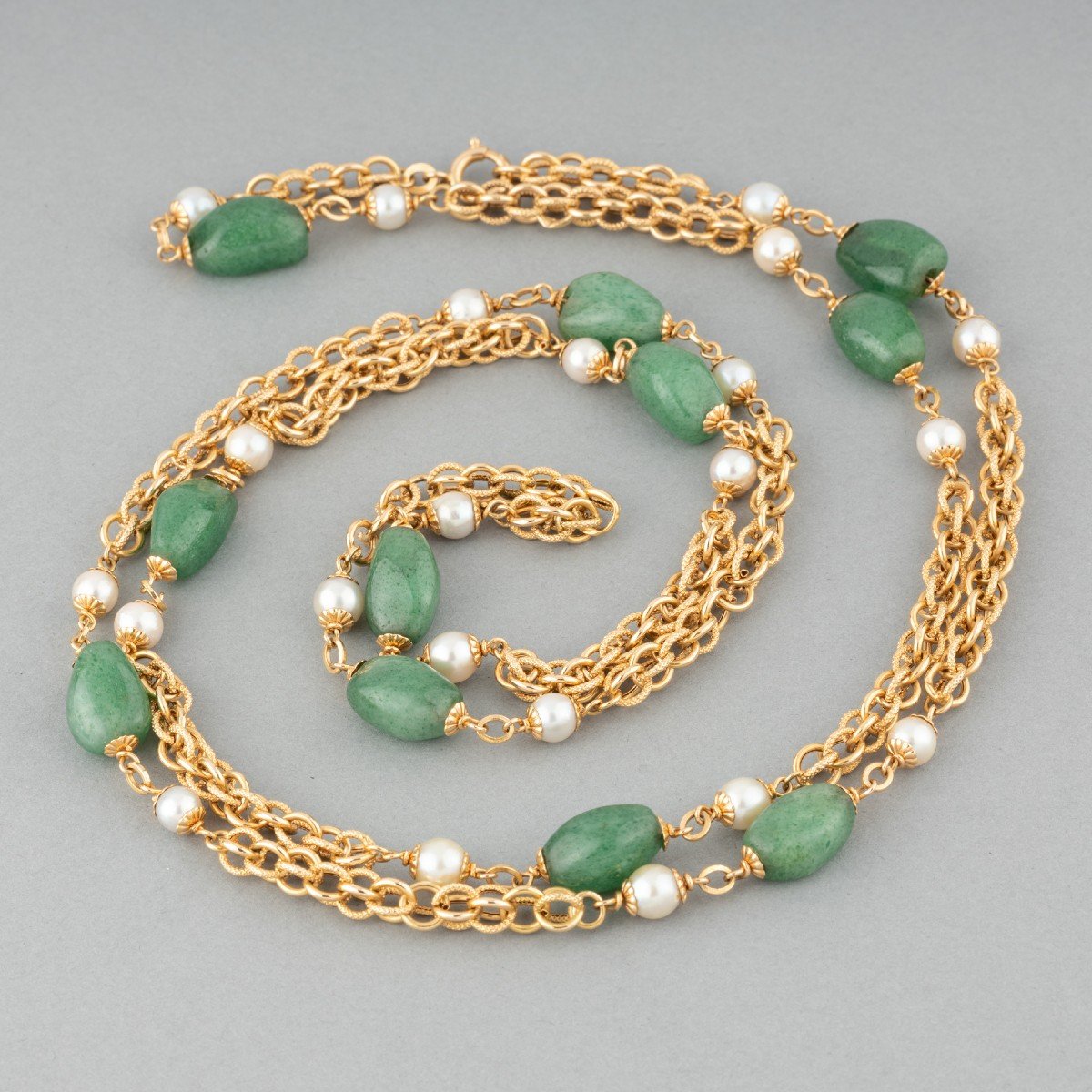 Collier En Or Aventurines Et Perles Vintage 