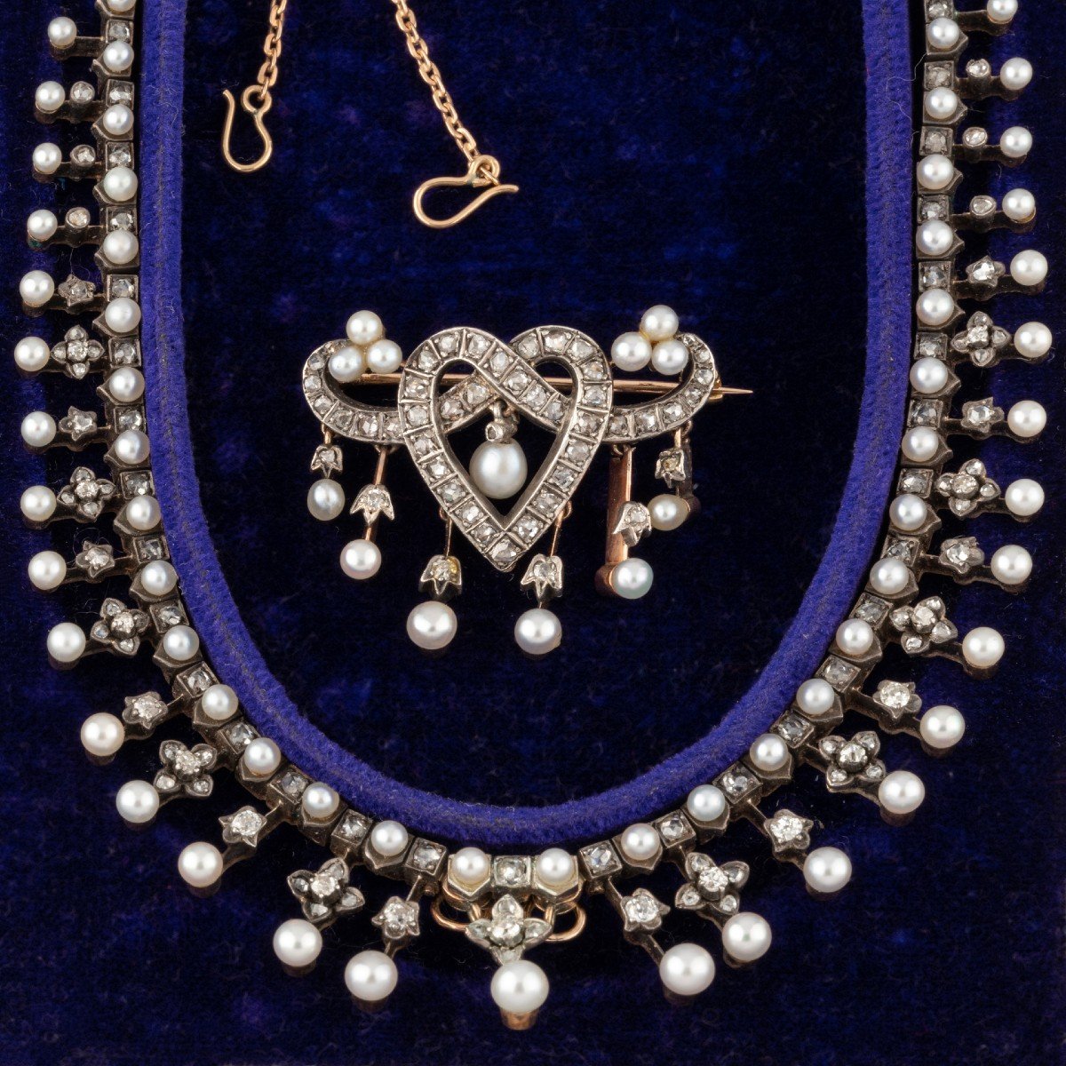 Belle Epoque Necklace And Brooch In Gold Diamonds And Fine Pearls-photo-3