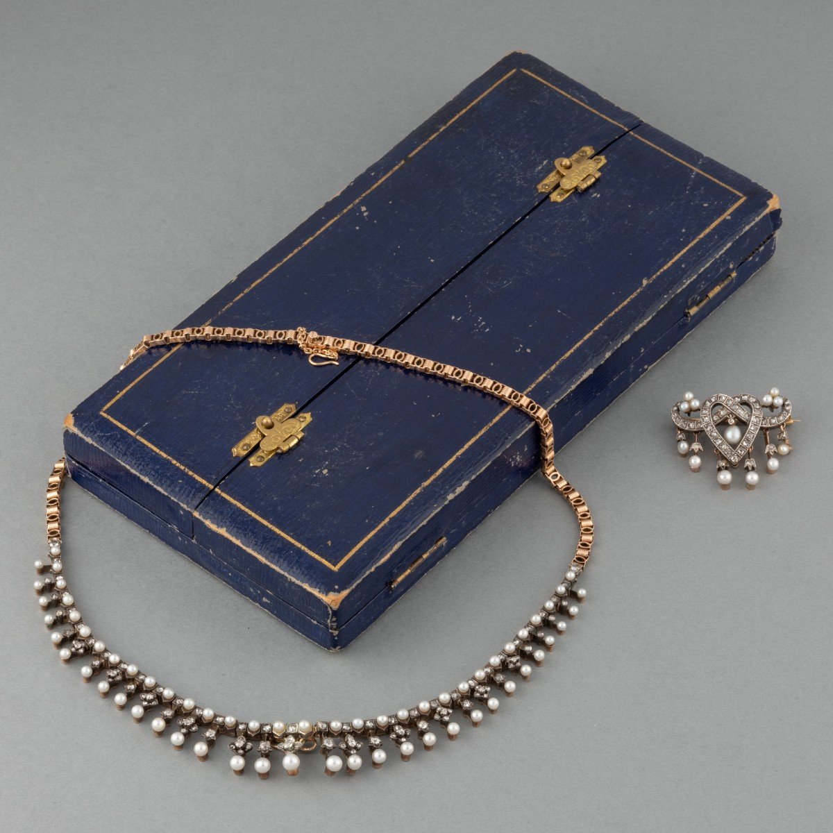 Belle Epoque Necklace And Brooch In Gold Diamonds And Fine Pearls-photo-4