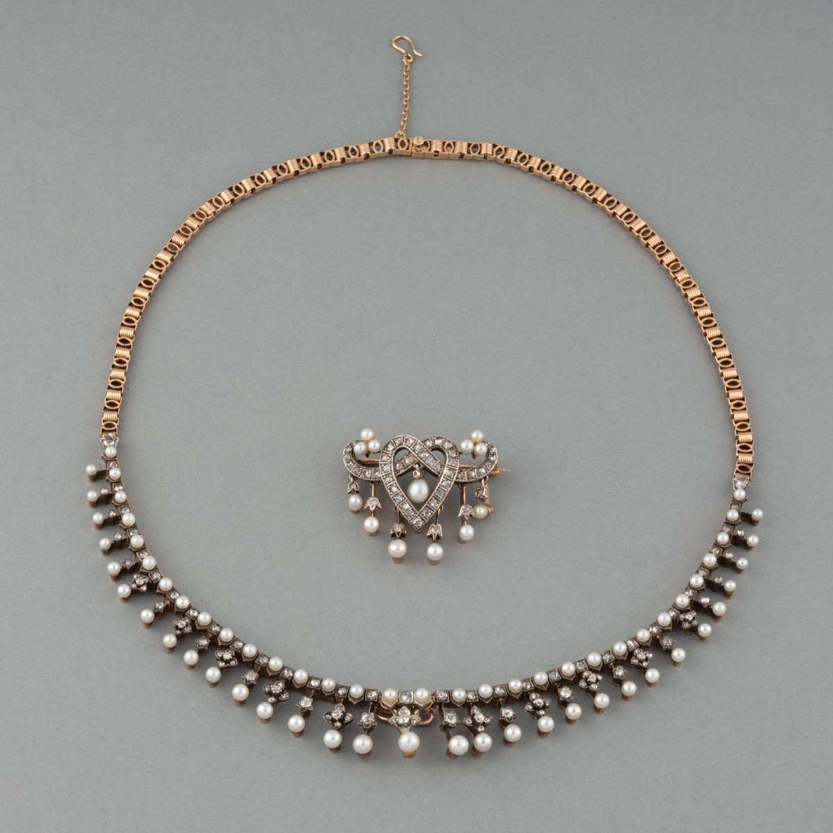 Belle Epoque Necklace And Brooch In Gold Diamonds And Fine Pearls-photo-1