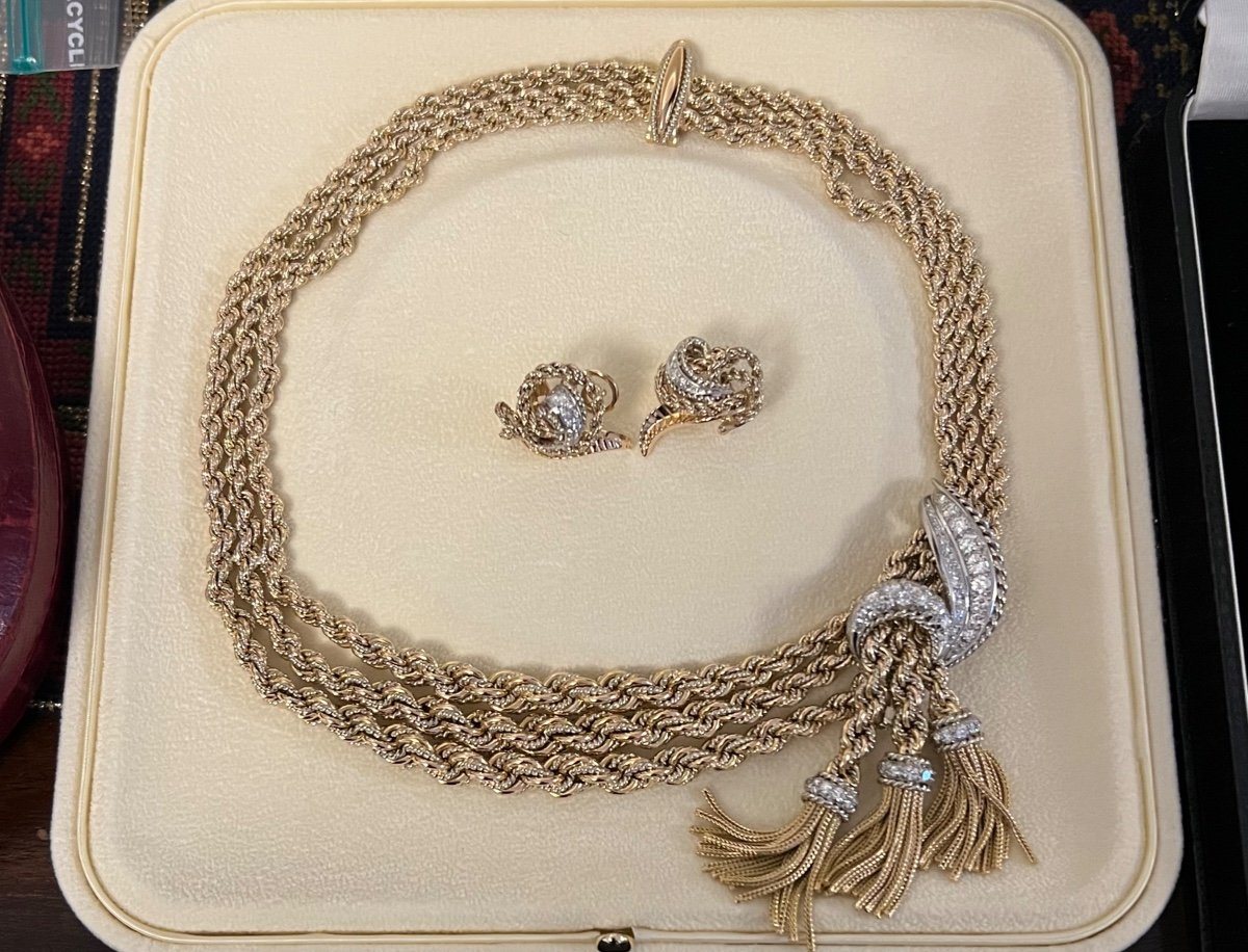 Collier Et Clips D’oreilles En Or Et Diamants Français Vintage Par Gaucherand