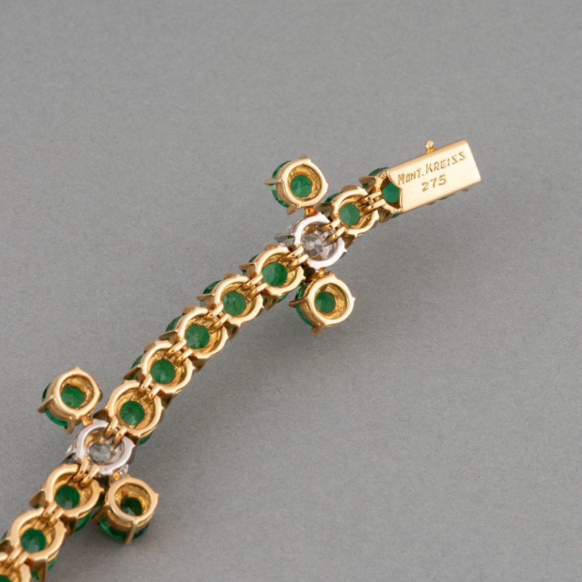 Bracelet Français Vintage En Or Emeraudes Et Diamants Par René Kreiss-photo-4