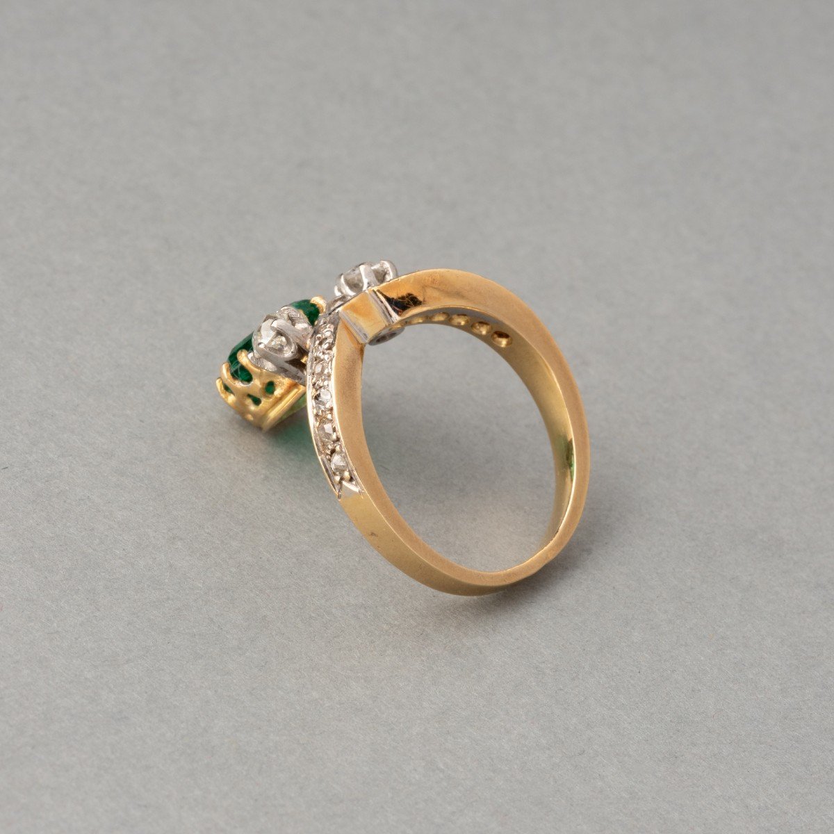 Old French Belle Epoque Duchesse Ring In Gold Diamonds And Emerald-photo-4