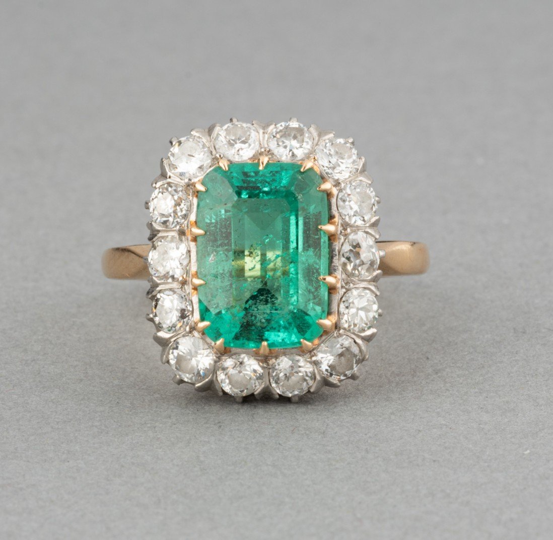 Vintage French Gold Ring With Diamonds And 4 Carat Emerald