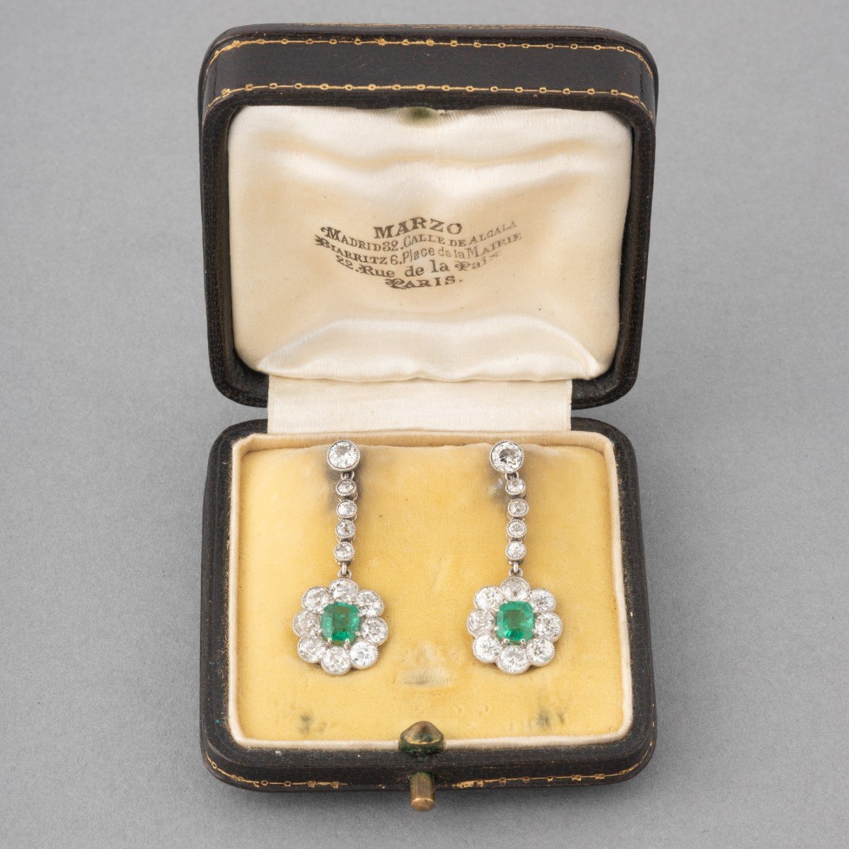 Old French Earrings In Gold Platinum Diamonds And Emeralds