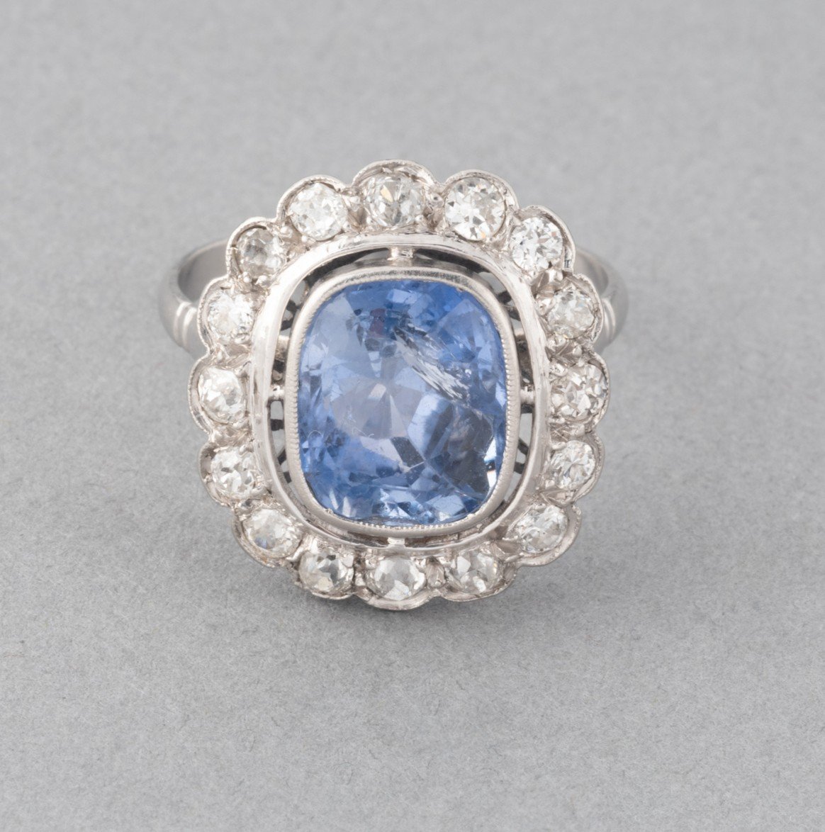 Antique French Art Deco Platinum Diamond And 4 Carat Sapphire Ring