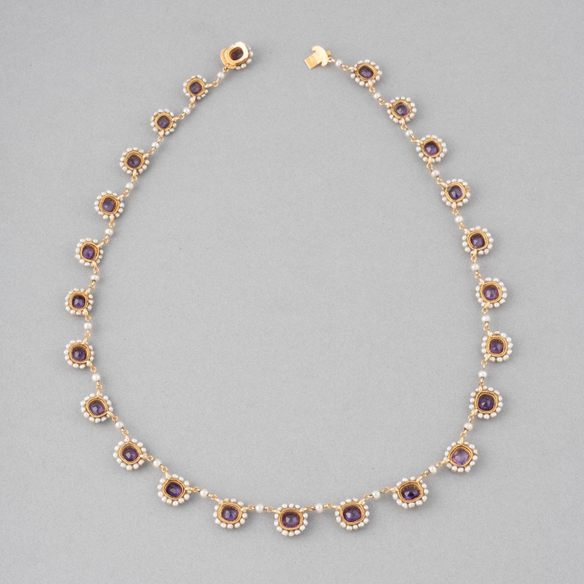 Antique 19th Century French Necklace In Gold, Amethysts And Pearls-photo-3