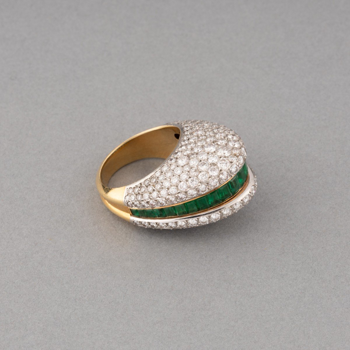 Vintage French Ring In 5 Carat Gold With Diamonds And Emeralds-photo-4