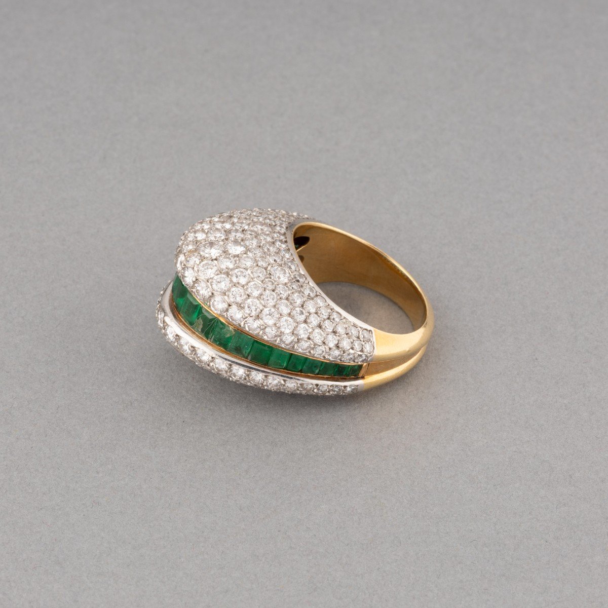 Vintage French Ring In 5 Carat Gold With Diamonds And Emeralds-photo-2