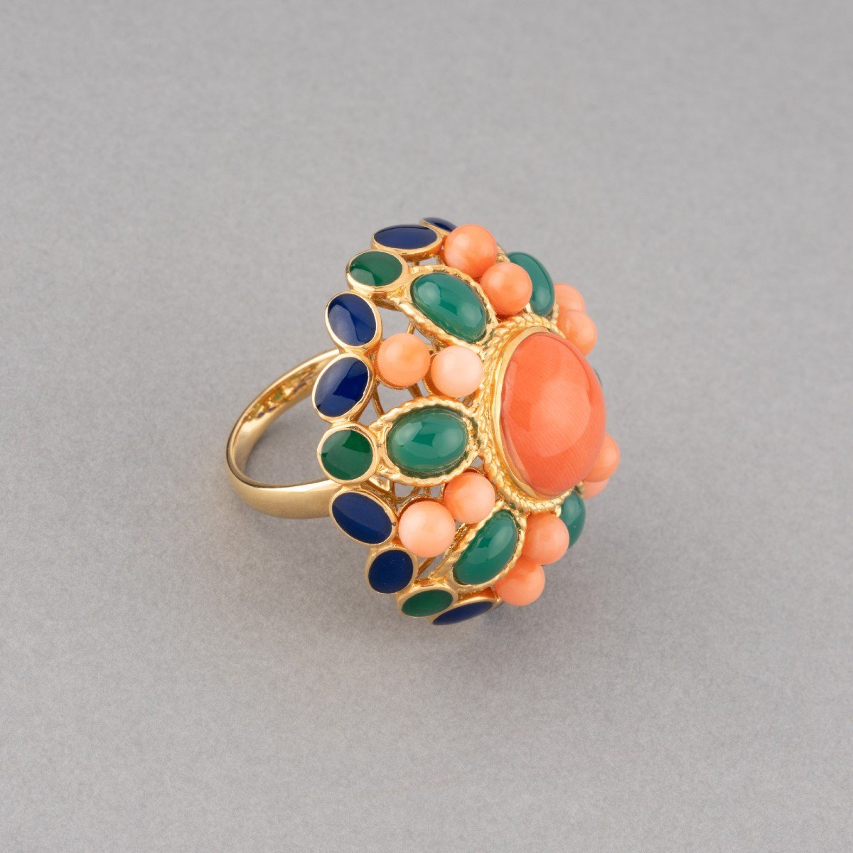 Bague Cocktail Vintage En Or Corail Et Pierres Fines-photo-2