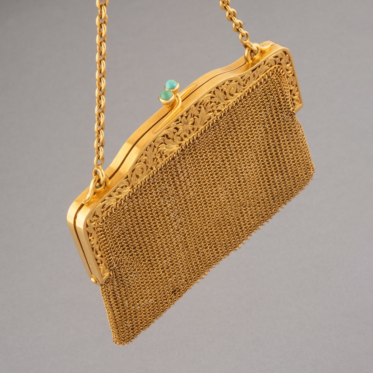 19th Century French Evening Bag In Gold, Diamonds And Turquoise-photo-3