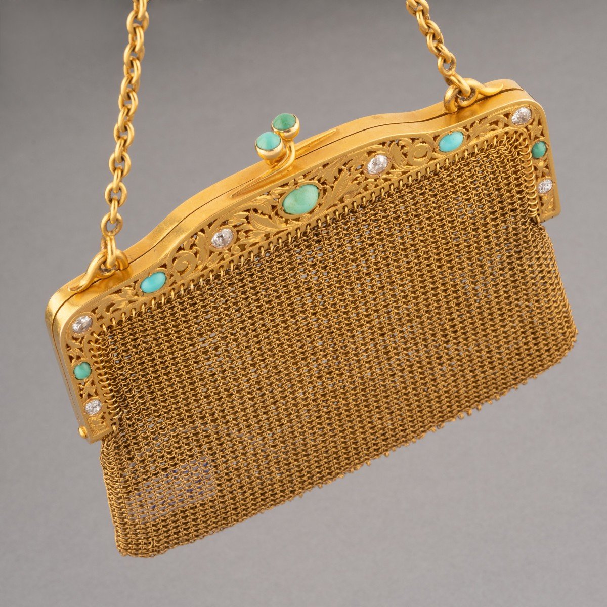 19th Century French Evening Bag In Gold, Diamonds And Turquoise-photo-4