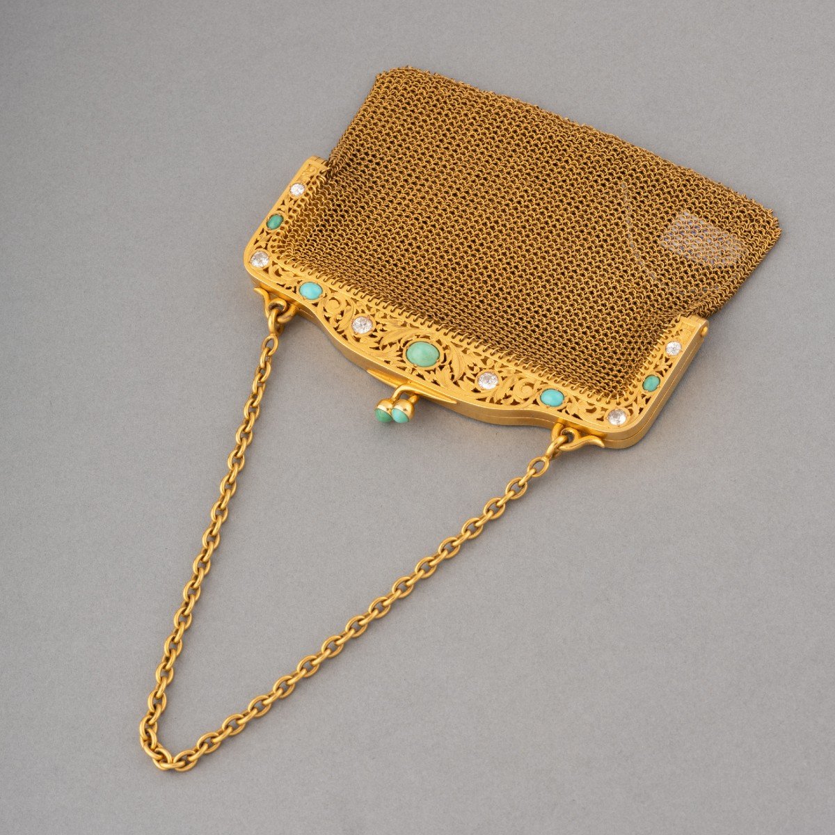 19th Century French Evening Bag In Gold, Diamonds And Turquoise-photo-1