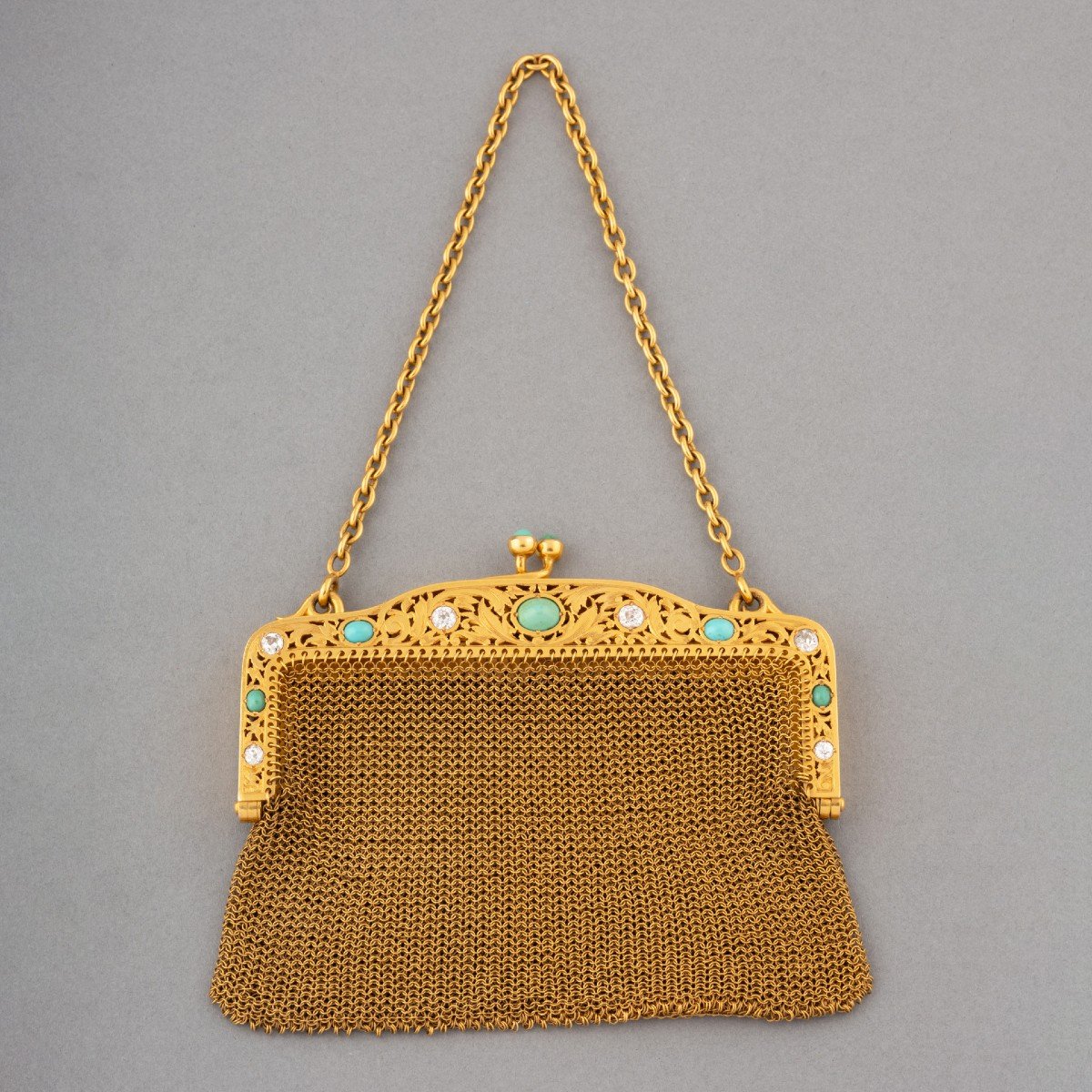 19th Century French Evening Bag In Gold, Diamonds And Turquoise-photo-2