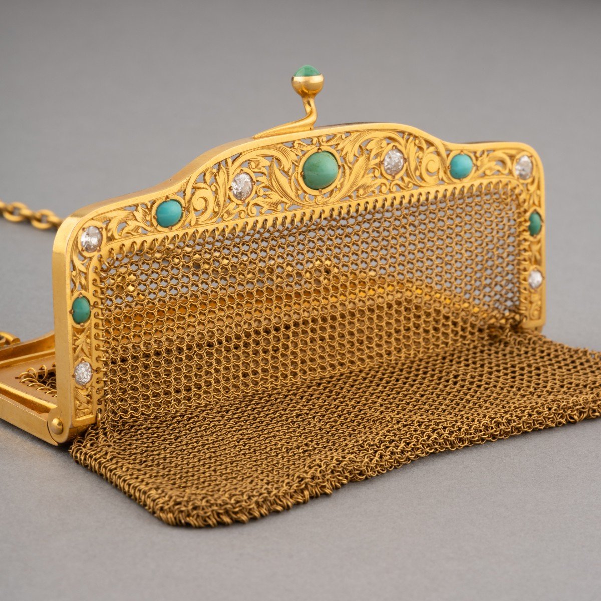 19th Century French Evening Bag In Gold, Diamonds And Turquoise-photo-3