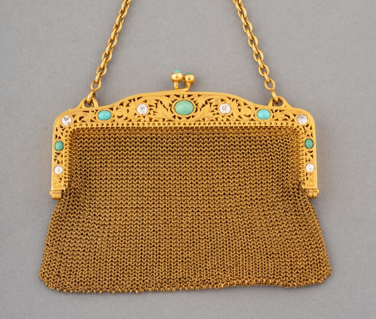 19th Century French Evening Bag In Gold, Diamonds And Turquoise