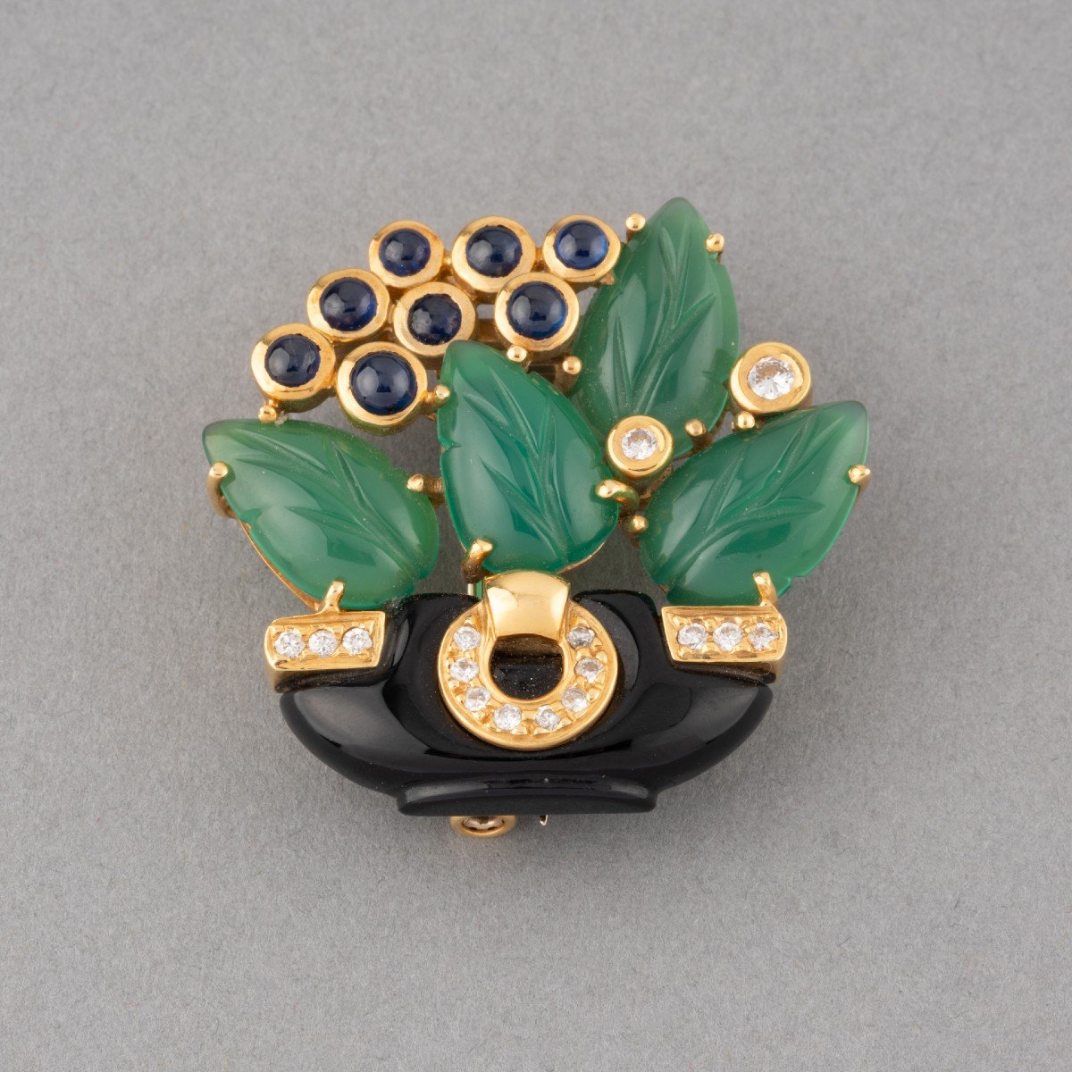 Cartier Vintage Gold Brooch Sapphires Onyx And Chrysoprase