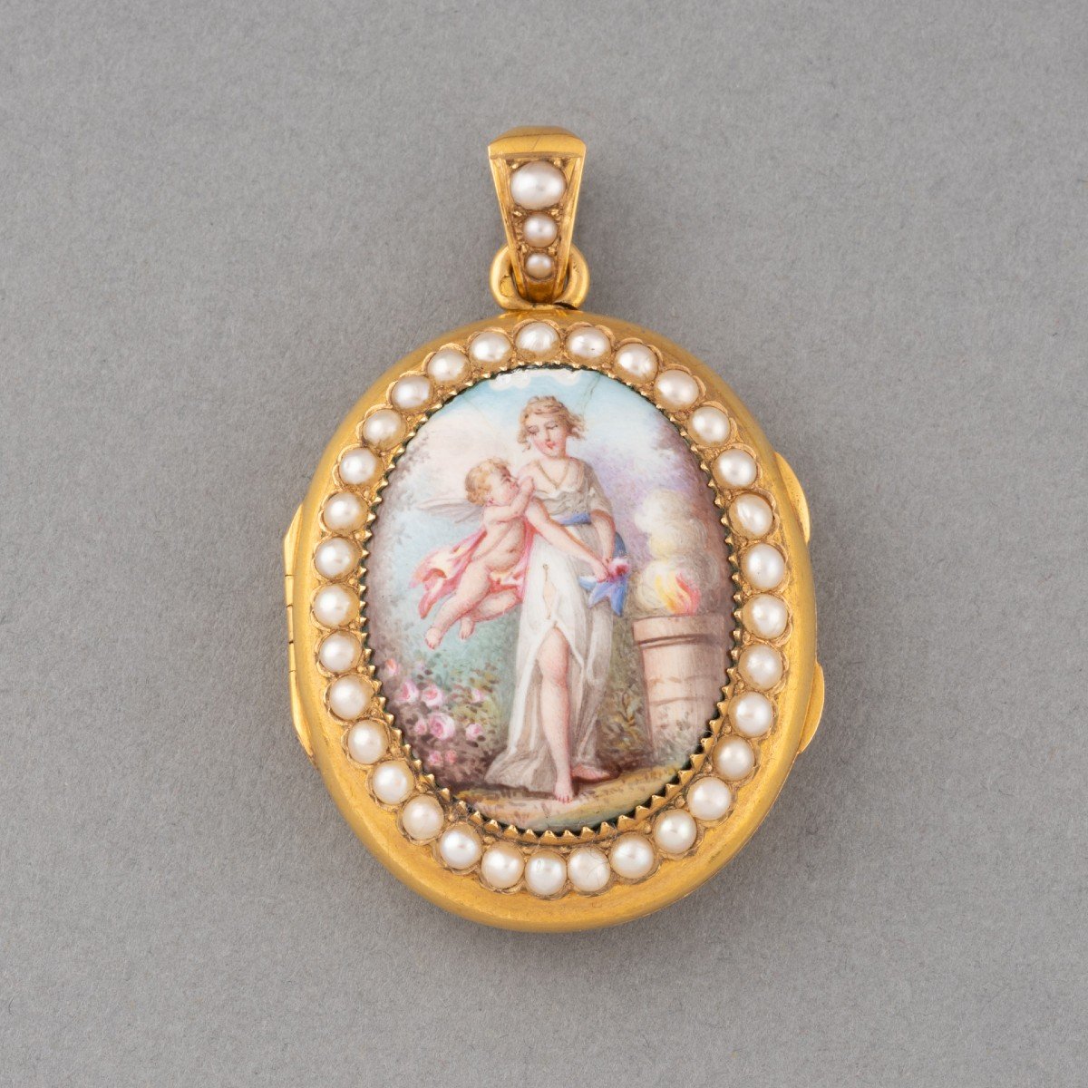 Antique French Medallion Pendant In Gold And Enamel Paint