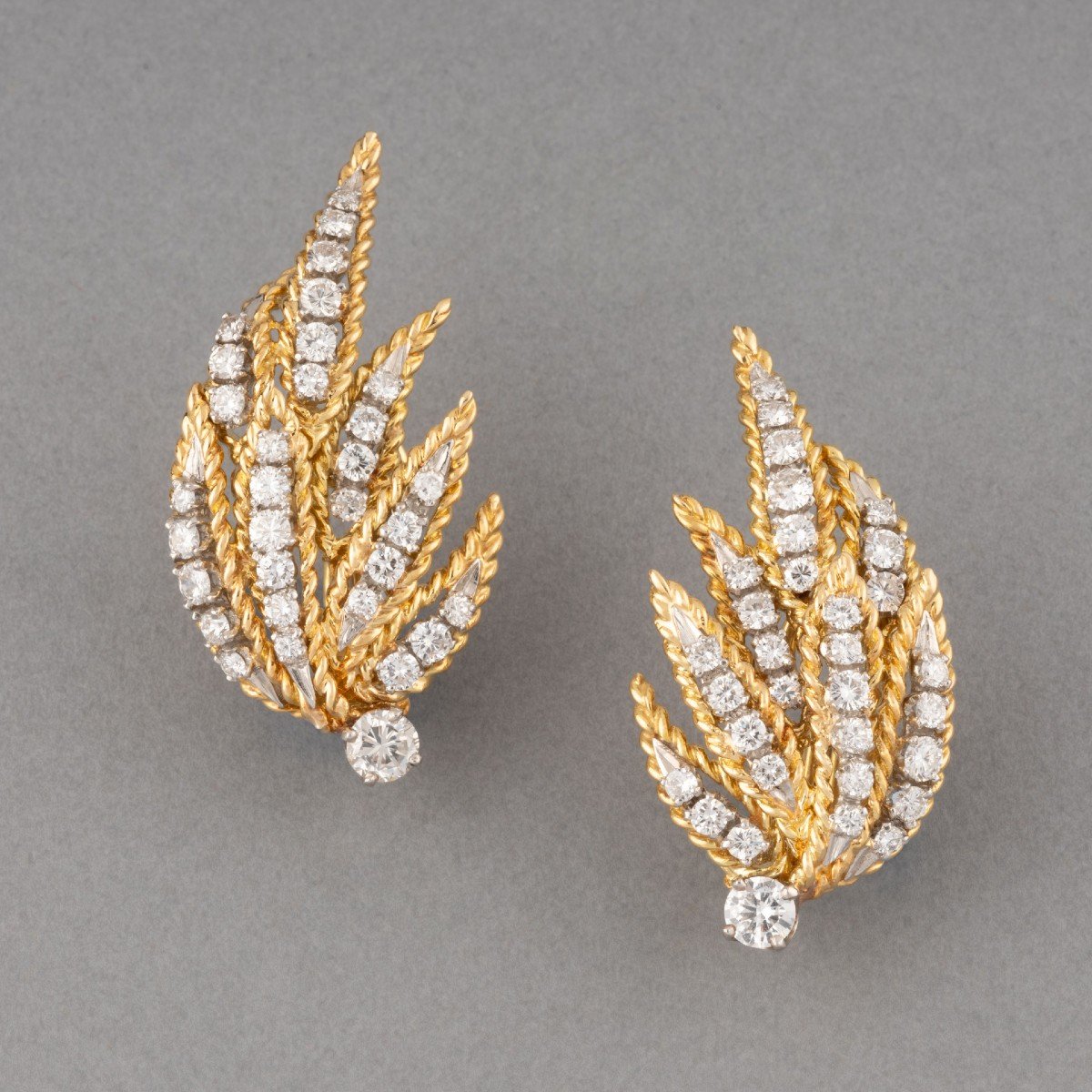 Pair Of Vintage French Gold And Diamond Clip-on Earrings-photo-2