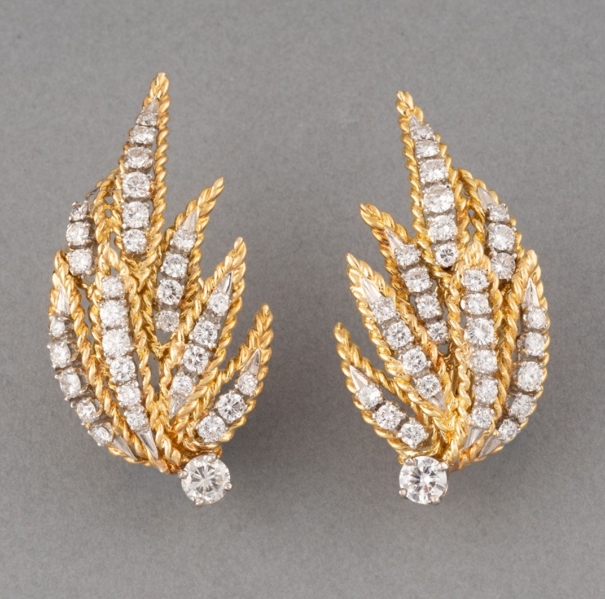 Pair Of Vintage French Gold And Diamond Clip-on Earrings