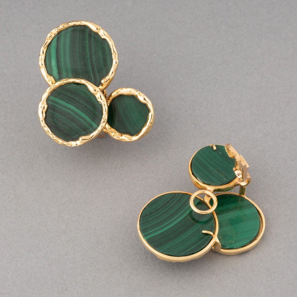 Boucles d'Oreilles Françaises Vintage En Or Et Malachite-photo-3