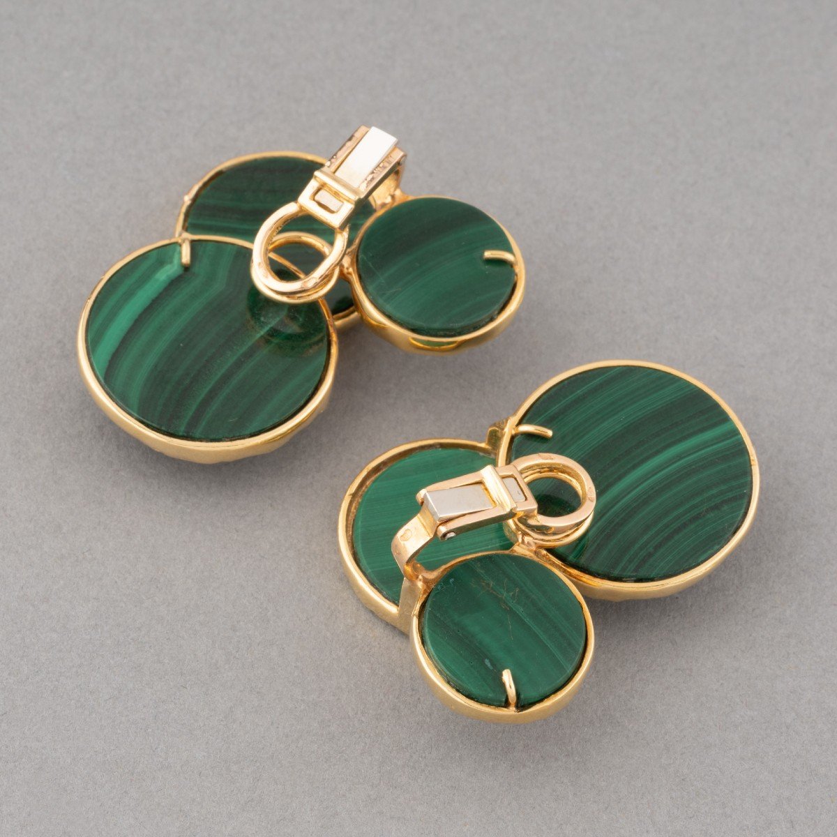 Boucles d'Oreilles Françaises Vintage En Or Et Malachite-photo-1