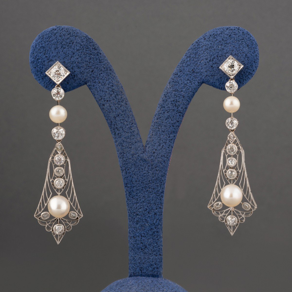 Antique French Gold Platinum Diamonds And Natural Pearls Earrings-photo-2