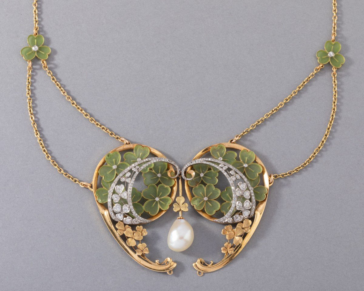 Collier Art Nouveau Français En Or Perle Fine Email Et Diamants-photo-8