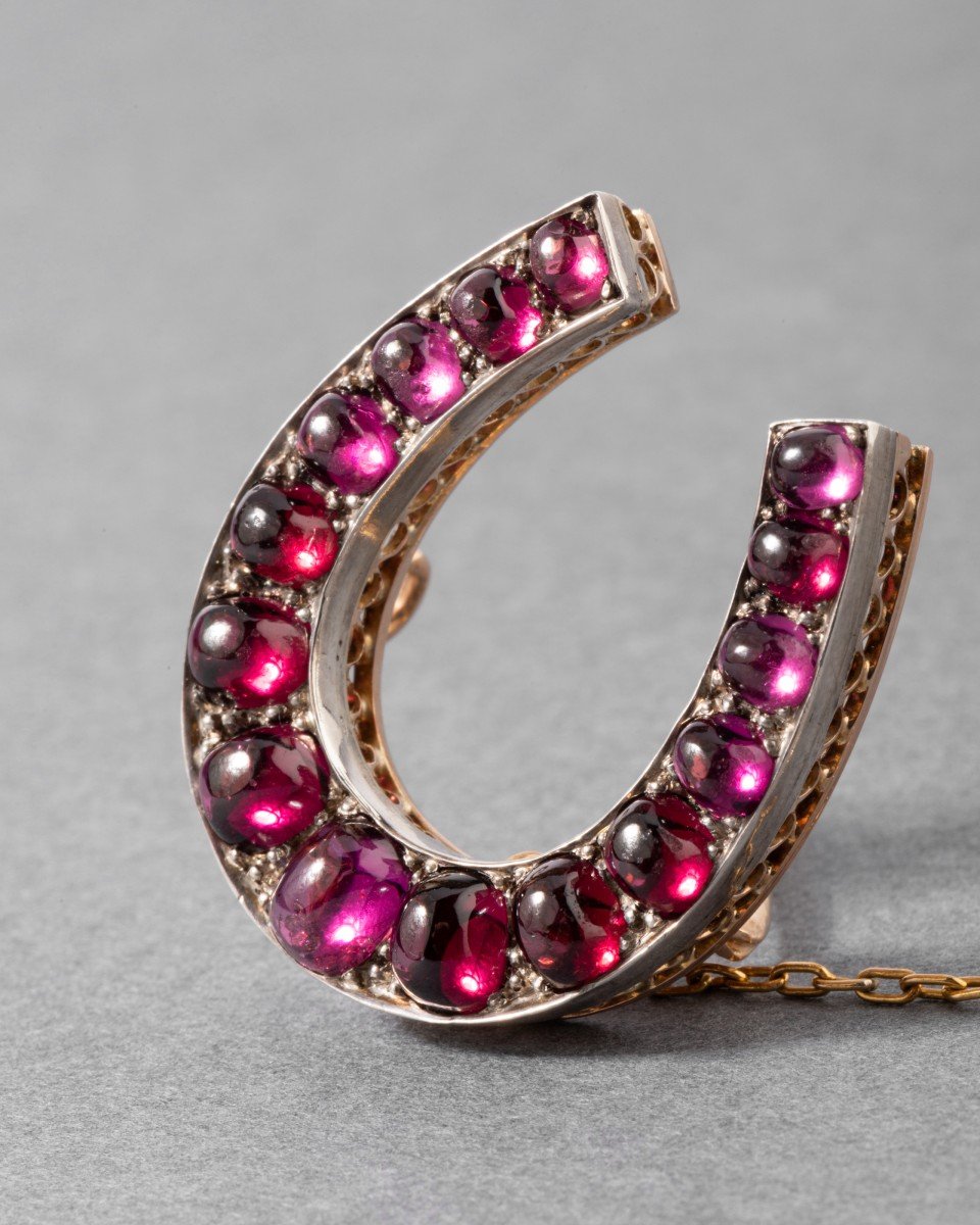 Old French Horseshoe Brooch In Gold And Garnets-photo-6