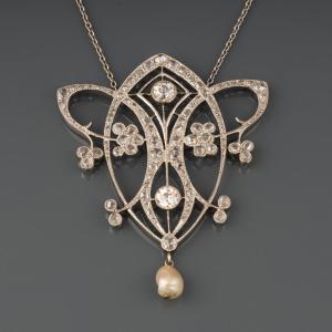 Collier Pendentif Français Art Nouveau En Or Diamants Et Perles 