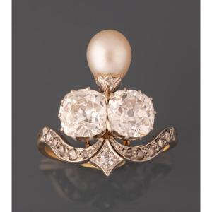 Bague Belle Epoque Duchesse En Or 2.50 Carats De Diamants Er Perle Fine