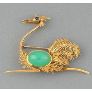 Broche Autruche Vintage En Or Et Agate Verte 