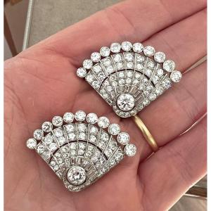 French Art Deco Double Clip Brooches In Platinum And Diamonds