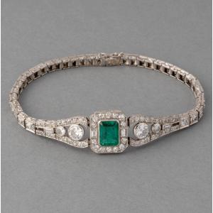 Bracelet Ancien Français Art Déco En Platine Diamants Et Emeraude