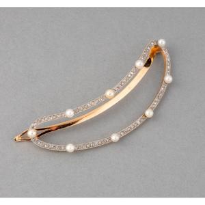 19th French Hair Barrette In Gold, Diamonds And Pearls