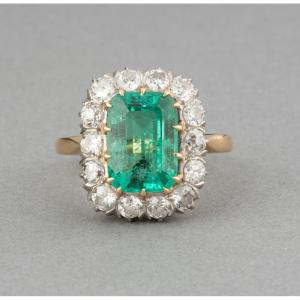 Vintage French Gold Ring With Diamonds And 4 Carat Emerald