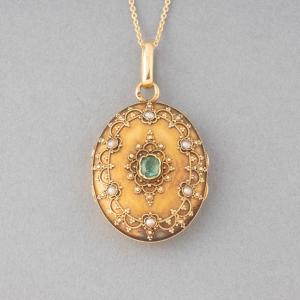 Antique French Gold And Emerald Medallion Pendant